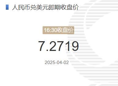 2025年04月02日：4月2日人民币兑美元即期收盘价报7.2719 较上一交易日下调32个基点